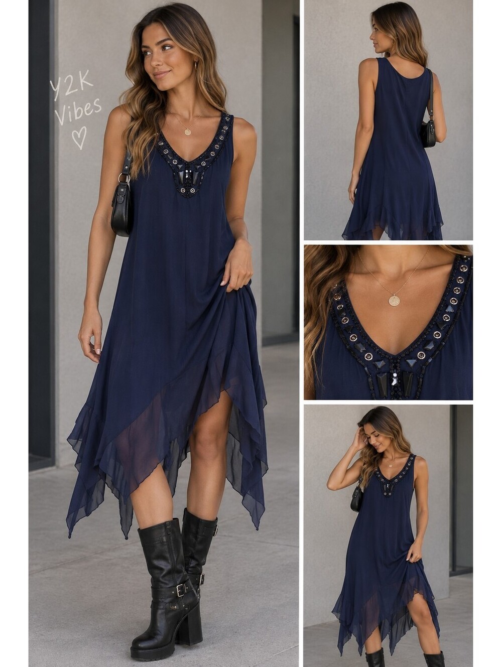 Navy Blue Sleeveless Dress with Embellished Neckline by Sextian Concepts, Size L